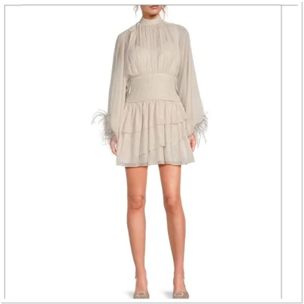 Cream Ruffled Tiered Mini Dress with Mock Neck